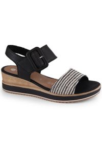 Skórzane komfortowe sandały na koturnie na rzep Remonte D6453-01 czarne. Zapięcie: rzepy. Kolor: czarny. Materiał: skóra. Obcas: na koturnie #5
