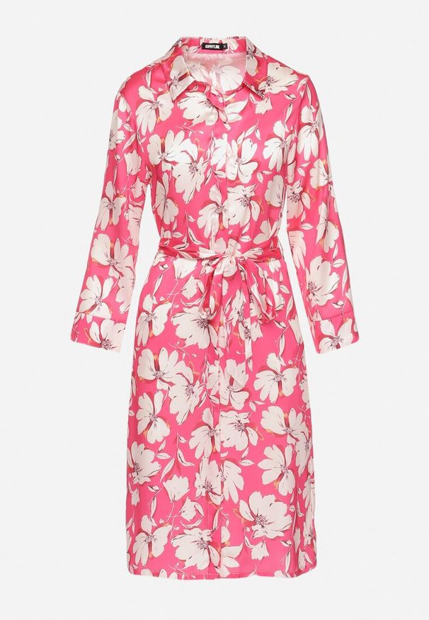 Born2be - Fuksjowa Koszulowa Sukienka Zapinana na Guziki z Materiałowym Paskiem w Talii Blinesta. Okazja: na co dzień. Kolor: różowy. Materiał: materiał. Długość rękawa: długi rękaw. Wzór: kwiaty. Typ sukienki: koszulowe. Styl: elegancki, casual