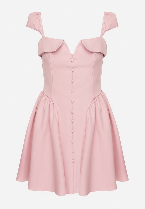 Born2be - Różowa Rozkloszowana Sukienka z Ozdobnym Dekoltem i Guzikami Salasesia. Okazja: na co dzień. Typ kołnierza: dekolt kwadratowy. Kolor: różowy. Styl: elegancki, casual