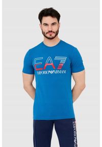 EA7 Emporio Armani - EA7 T-shirt męski niebieski z dużym logo. Kolor: niebieski #1