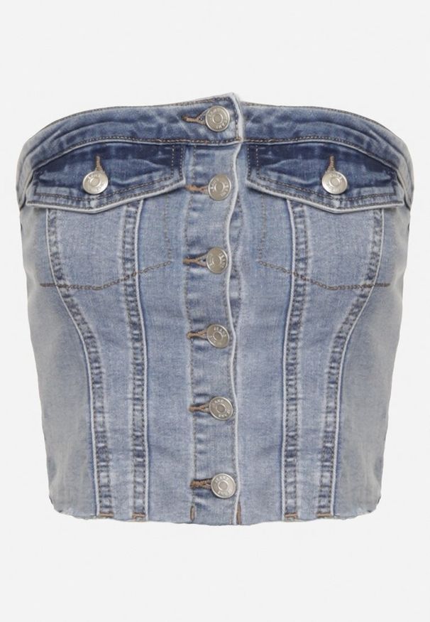 Born2be - Niebieski Gorsetowy Jeansowy Top na Guziki z Bawełną Nelinae. Okazja: na co dzień. Typ kołnierza: dekolt gorset. Kolor: niebieski. Materiał: jeans, bawełna. Styl: wizytowy, casual
