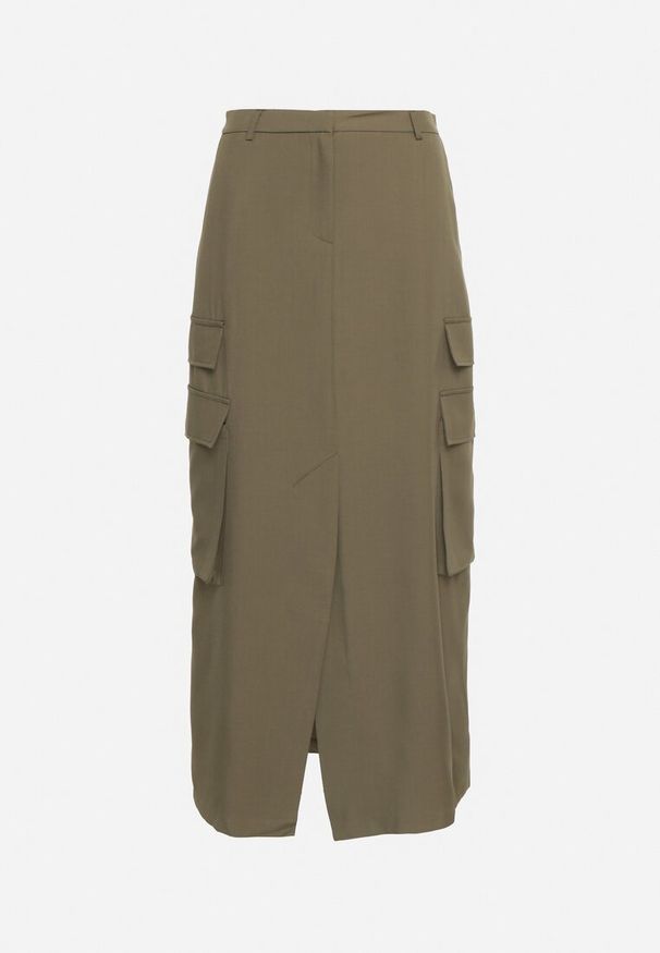 Born2be - Ciemnozielona Spódnica w Stylu Utility z Kieszeniami i Rozcięciem na Przodzie Temari. Okazja: na co dzień. Stan: podwyższony. Kolor: zielony. Styl: casual, elegancki