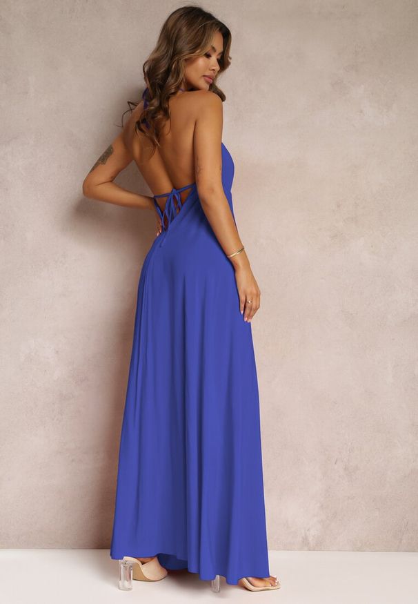 Renee - Granatowa Rozkloszowana Sukienka Bawełniana z Wiązaniem na Szyi Panethea. Kolor: niebieski. Materiał: bawełna. Długość: maxi