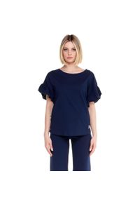 LEONE 1947 APPAREL - Błyszcząca damska koszulka z krótkim rękawem i falbaną. Kolor: niebieski. Materiał: tkanina. Długość rękawa: krótki rękaw. Długość: krótkie. Sport: fitness