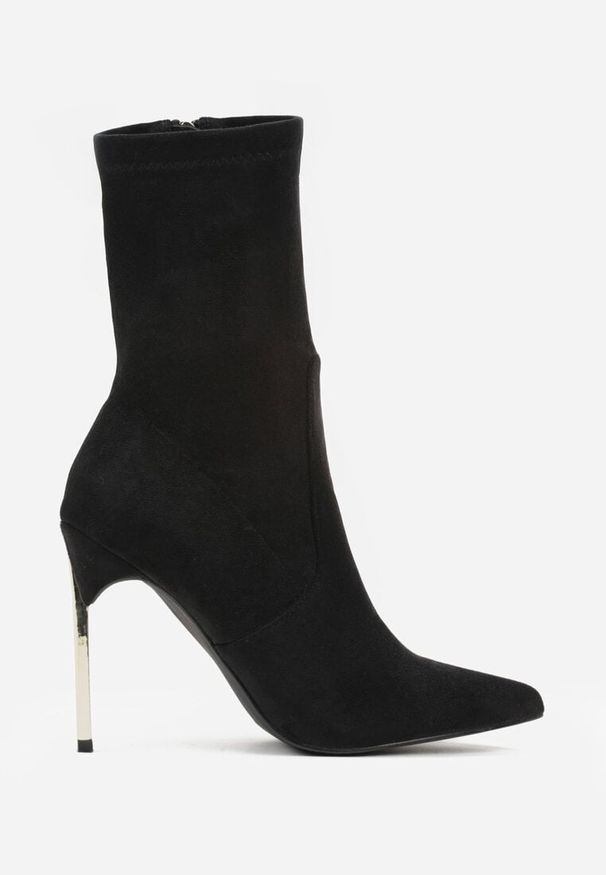 Born2be - Czarne Botki na Szpilce z Metaliczną Ozdobą Zotila. Okazja: na co dzień. Kolor: czarny. Materiał: jeans. Wzór: aplikacja. Obcas: na szpilce. Styl: wizytowy, casual, klasyczny, elegancki