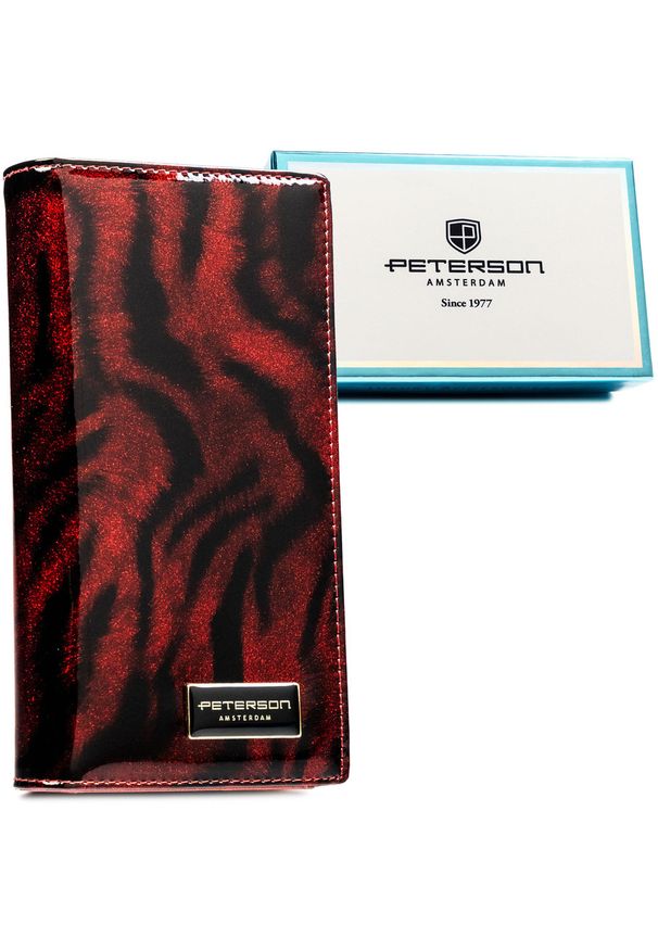 Lakierowany, czerwony portfel damski ze skóry naturalnej i ekologicznej w zwierzęcy wzór PTN PS1431-TDS Peterson. Kolor: czerwony. Materiał: lakier. Wzór: motyw zwierzęcy