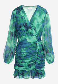 Born2be - Zielona Sukienka Mini z Drapowanym Dołem Falbanką i Kopertowym Dekoltem Elissea. Kolor: zielony. Materiał: materiał. Typ sukienki: kopertowe. Długość: mini #2