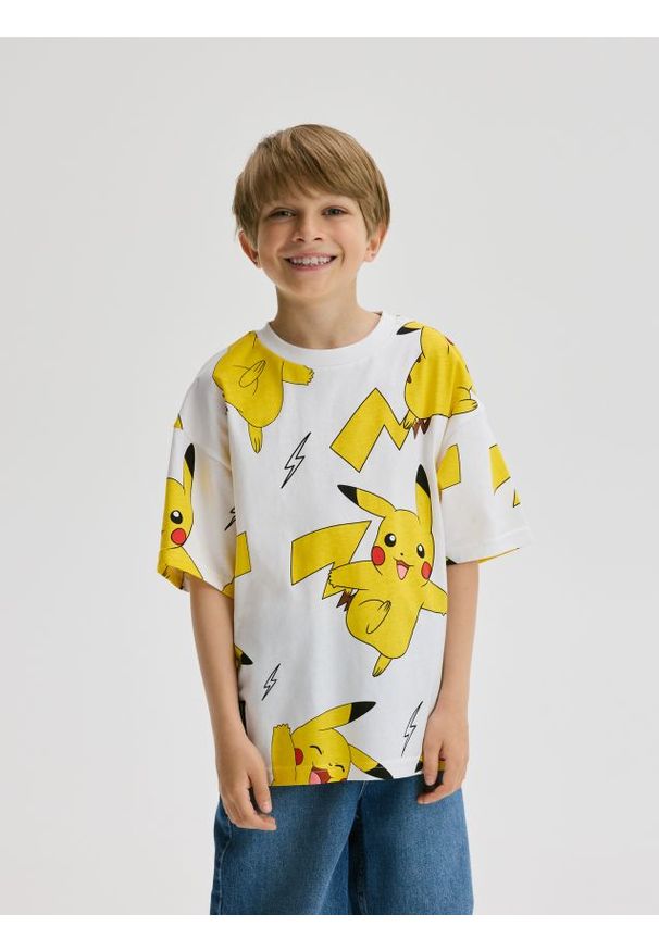 Reserved - Bawełniany t-shirt Pokemon - złamana biel. Materiał: bawełna
