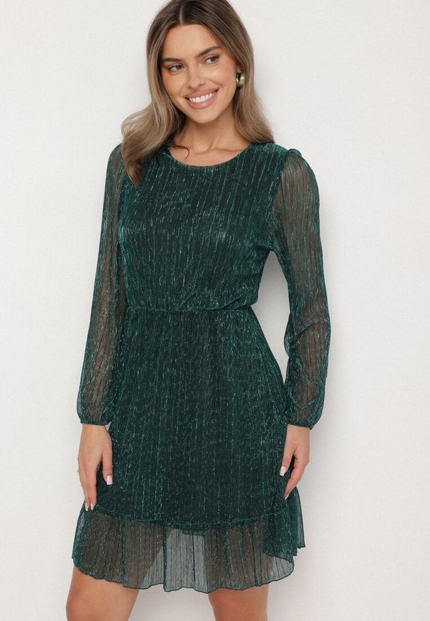 Born2be - Ciemnozielona Sukienka z Wiskozy Ozdobiona Metaliczną Nicią Meliorea. Kolor: zielony. Materiał: wiskoza. Wzór: aplikacja. Styl: klasyczny, elegancki