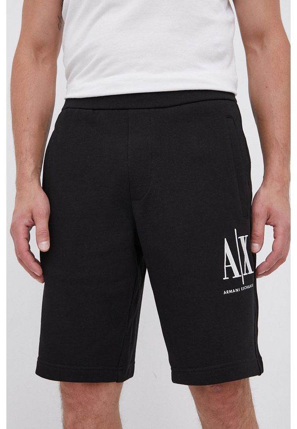 Armani Exchange Szorty męskie kolor czarny. Okazja: na co dzień. Kolor: czarny. Materiał: dzianina. Wzór: nadruk. Styl: casual