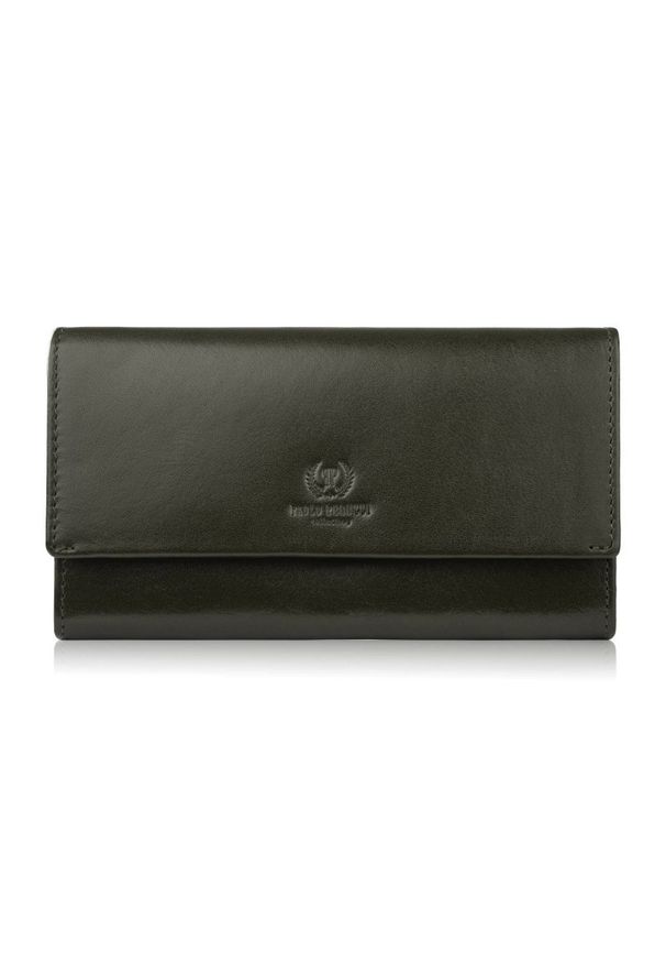 PAOLO PERUZZI - Portfel damski skórzany duży ciemnozielony z ochroną RFID klasyczny Paolo Peruzzi AL-07-GB. Kolor: zielony. Materiał: skóra