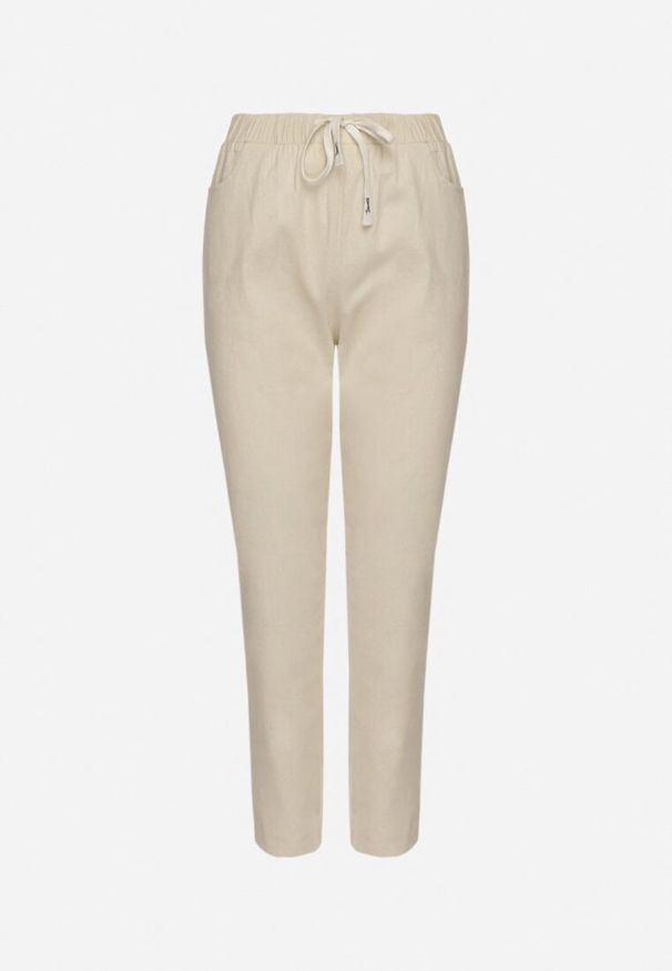 Born2be - Beżowe Bawełniane Spodnie z Wiązaniem Feltebia. Okazja: na co dzień. Kolor: beżowy. Materiał: bawełna. Styl: casual