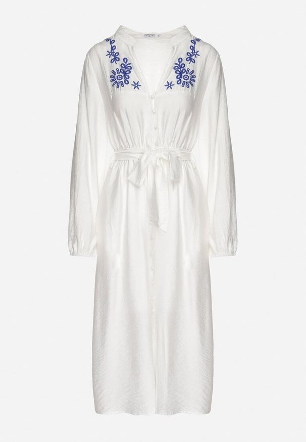 Born2be - Biała Sukienka z Wiskozą o Rozkloszowanym Kroju z Wiązaniem i Haftem Velvania. Okazja: na co dzień. Typ kołnierza: dekolt w serek. Kolor: biały. Materiał: wiskoza. Wzór: haft. Typ sukienki: rozkloszowane. Styl: casual