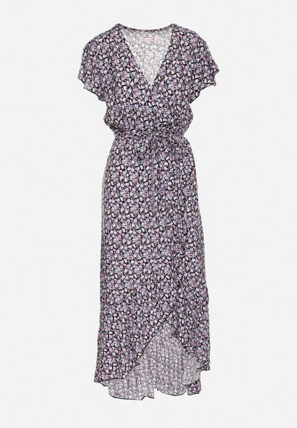 Born2be - Czarno-Różowa Bawełniana Sukienka z Gumką w Talii i Asymetrycznym Dołem Orrizae. Okazja: na co dzień. Typ kołnierza: kołnierz z falbankami, dekolt kopertowy. Kolor: czarny. Materiał: bawełna. Długość rękawa: krótki rękaw. Sezon: wiosna, lato. Typ sukienki: asymetryczne. Styl: casual, elegancki