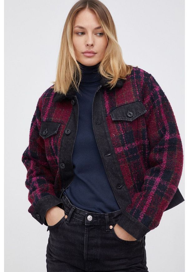 Desigual Kurtka bomber z domieszką wełny kolor bordowy przejściowa oversize. Kolor: czerwony. Materiał: wełna