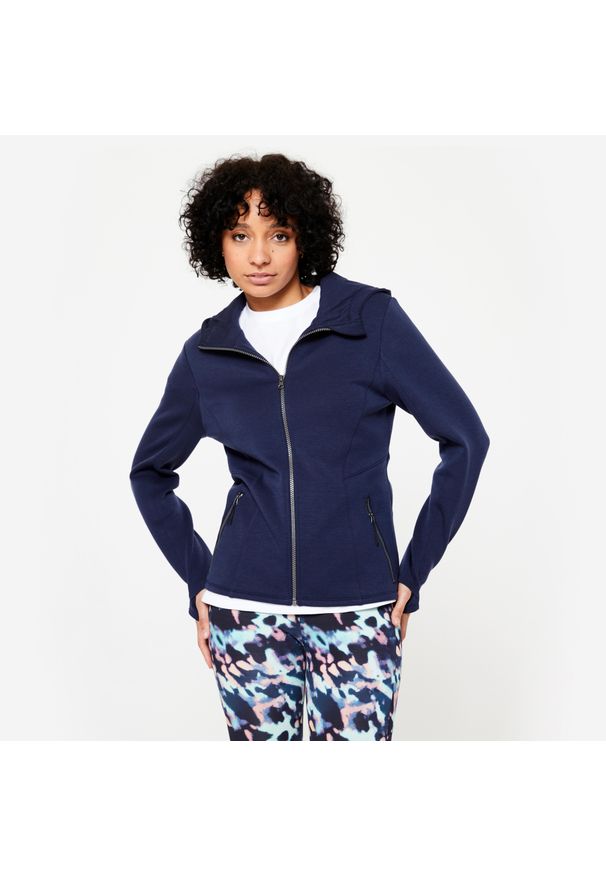 DOMYOS - Bluza z kapturem damska Domyos Gym & Pilates. Typ kołnierza: kaptur. Kolor: niebieski. Materiał: materiał, poliester, bawełna, elastan, lyocell. Sport: joga i pilates