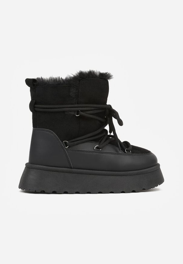 Born2be - Czarne Śniegowce na Grubej Podeszwie z Futerkiem Alwedra. Okazja: na co dzień. Kolor: czarny. Materiał: futro. Styl: casual, elegancki, sportowy