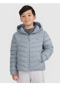 4f - 4F Kurtka puchowa z wypełnieniem syntetycznym chłopięca - szara 152 (11-12 lat). Okazja: na co dzień. Typ kołnierza: kaptur. Kolor: szary. Materiał: syntetyk, puch. Sezon: lato. Styl: casual, klasyczny, sportowy #1