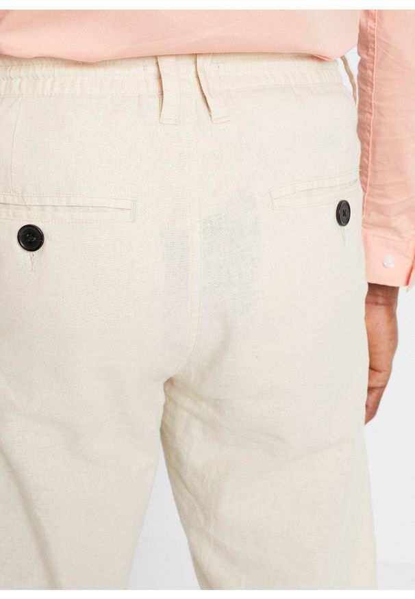 bonprix - Spodnie ze sznurkiem w pasie, z przewiewnej mieszanki lnu o prostych nogawkach i kroju relaxed fit. Kolor: beżowy. Materiał: len, materiał