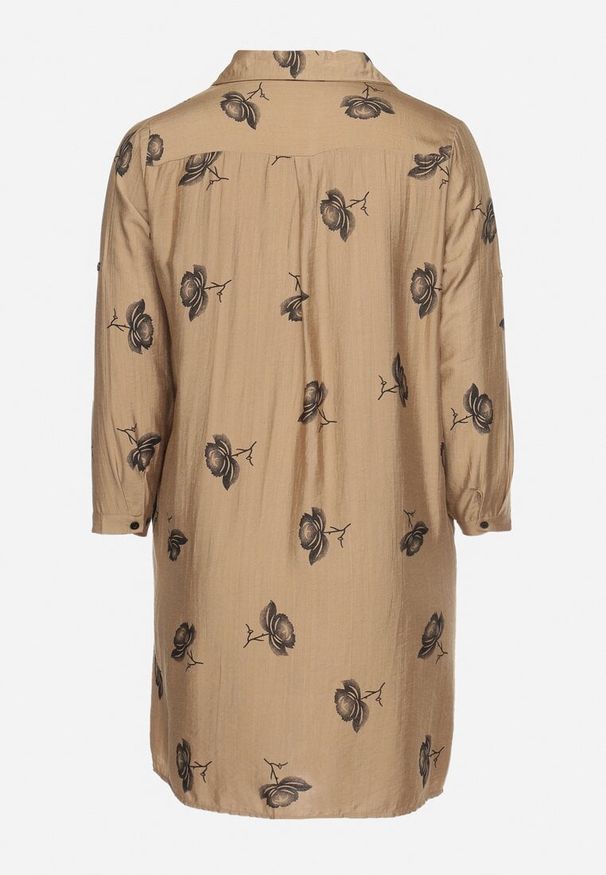 Born2be - Ciemnobeżowa Koszulowa Sukienka z Guzikami i Regulowanymi Rękawami Xatella. Kolekcja: plus size. Kolor: beżowy. Wzór: kwiaty. Typ sukienki: koszulowe