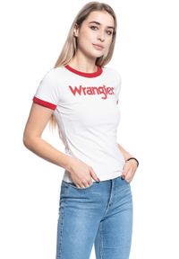 Wrangler - WRANGLER RINGER TEE DAMSKI T-SHIRT KOSZULKA NADRUK LOGO OFFWHITE W7385G202. Wzór: nadruk #4