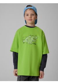 4f - 4F T-shirt loose z nadrukiem chłopięcy - zielony 146/152 (10-12 lat). Okazja: na co dzień, na uczelnię. Kolor: zielony. Materiał: materiał. Wzór: nadruk. Sezon: lato. Styl: casual #1