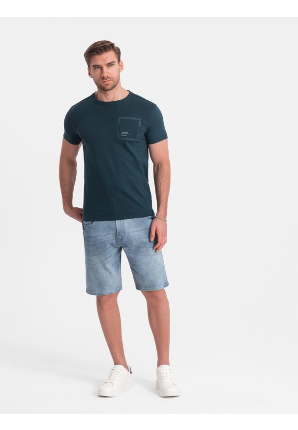 Ombre Clothing - Jeansowe krótkie spodenki męskie z delikatnym washem – jasnoniebieskie V1 - Rozmiar: L. Kolor: niebieski. Materiał: jeans. Długość: krótkie. Wzór: aplikacja. Sezon: lato. Styl: klasyczny, wakacyjny