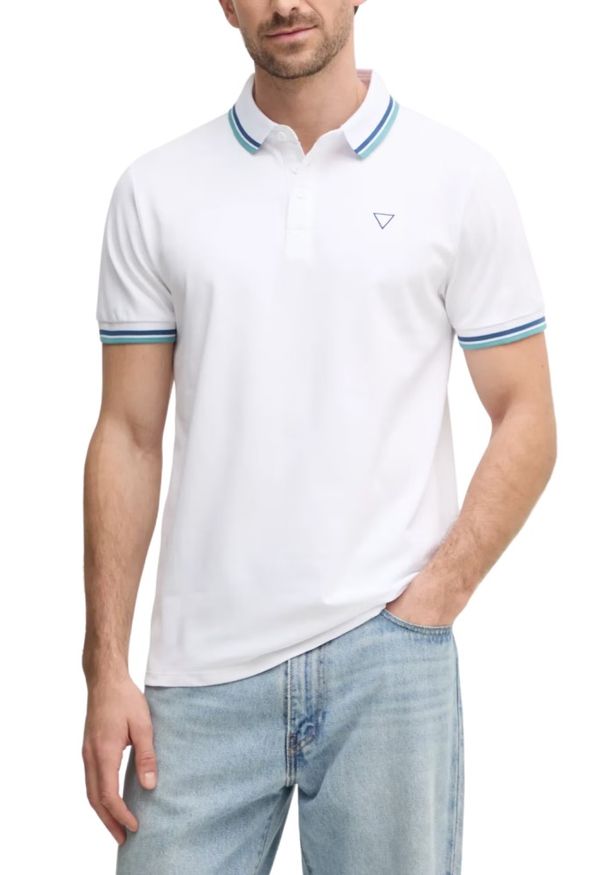 Guess - GUESS Białe męskie polo Pique. Typ kołnierza: polo. Kolor: biały