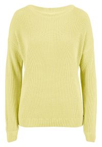 Sweter z dekoltem w łódkę i ażurowym wzorem w rękawach bonprix jasna limonka. Kolor: żółty. Materiał: materiał, bawełna, akryl. Długość rękawa: długi rękaw. Długość: długie. Wzór: ażurowy #1
