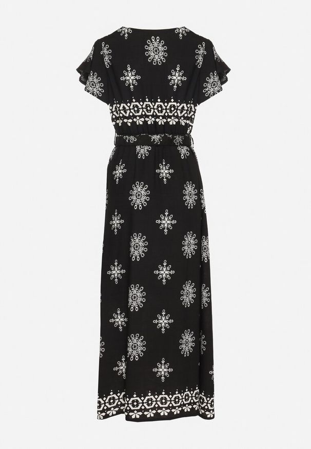 Born2be - Czarna Sukienka w Ornamentalny Wzór z Elastycznym Paskiem Tosvanna. Okazja: na co dzień. Kolor: czarny. Długość rękawa: krótki rękaw. Wzór: aplikacja. Typ sukienki: kopertowe, proste. Styl: klasyczny, casual, elegancki