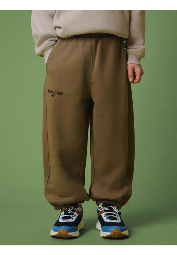 4f - 4F Spodnie dresowe joggery chłopięce - brązowe 122/128 (6-8 lat). Okazja: na co dzień. Kolor: brązowy. Materiał: dresówka. Sezon: lato. Styl: casual, sportowy