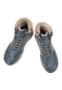 Niebieskie Botki Rieker Ocieplane Obuwie Damskie. Okazja: na co dzień. Zapięcie: sznurówki. Kolor: niebieski. Materiał: futro. Styl: casual, sportowy #2