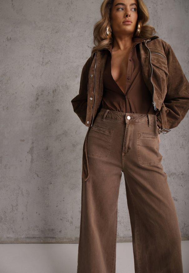 Renee - Brązowe Szerokie Jeansy High Waist z Bawełny Berinnessa. Okazja: na co dzień. Stan: podwyższony. Kolor: brązowy. Długość: krótkie. Styl: casual