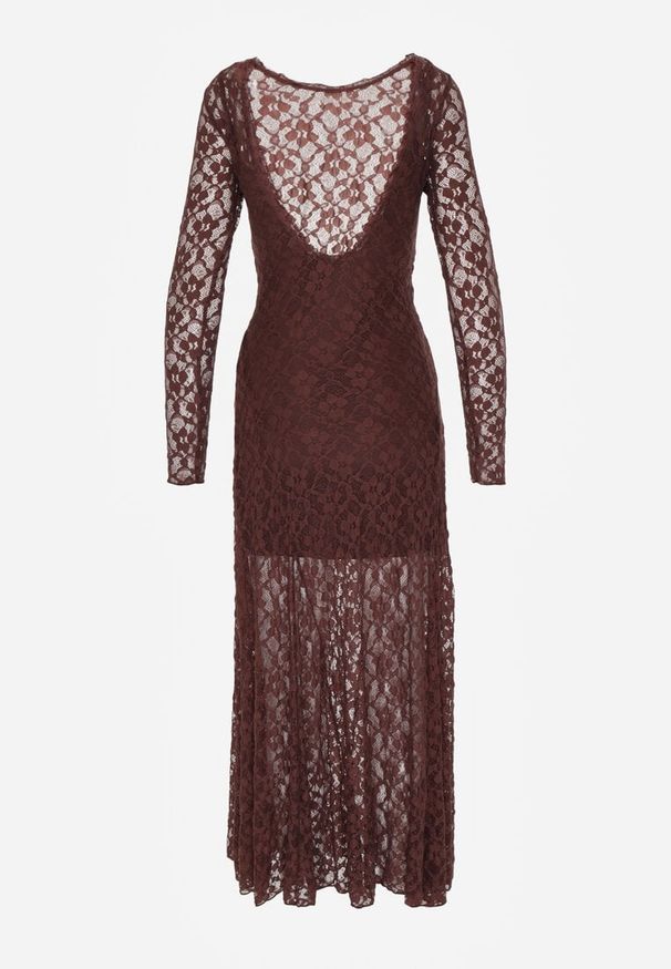 Renee - Brązowa Elegancka Sukienka z Koronki z Odkrytymi Plecami Lilafera. Okazja: na co dzień. Typ kołnierza: dekolt na plecach. Kolor: brązowy. Materiał: koronka. Długość rękawa: na ramiączkach. Wzór: koronka. Styl: elegancki