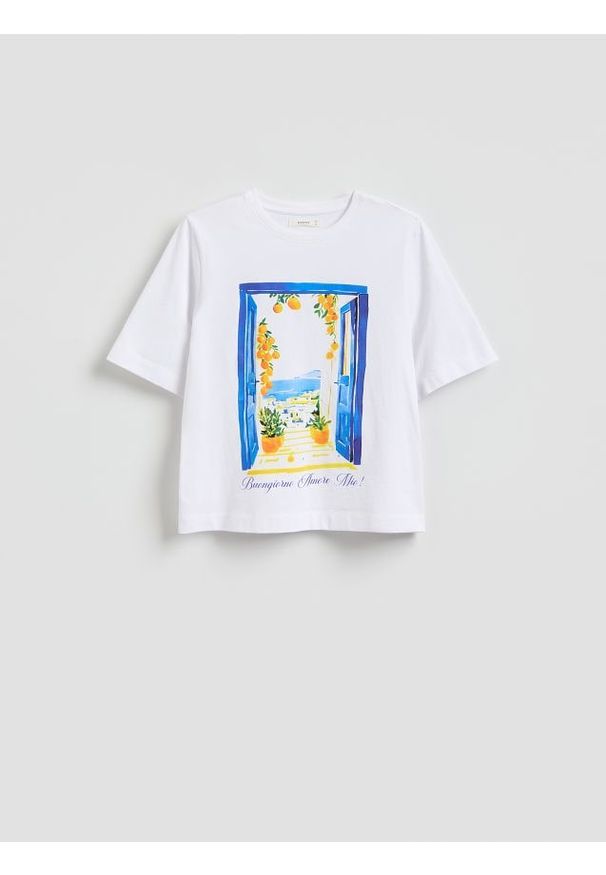 Reserved - Bawełniany t-shirt z nadrukiem - biały. Kolor: biały. Materiał: bawełna. Wzór: nadruk