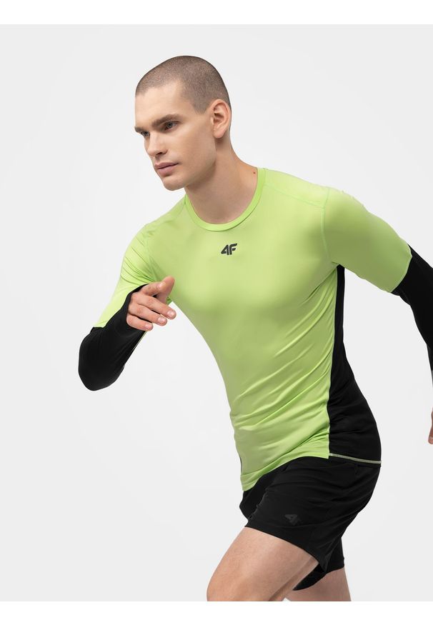 4f - Longsleeve do biegania slim szybkoschnący męski. Kolor: zielony. Materiał: materiał, dzianina. Długość rękawa: długi rękaw