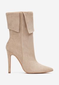 Renee - Beżowe Botki na Szpilce z Wkładką ze Skóry Naturalnej i Wywiniętą Cholewką Magneti. Nosek buta: szpiczasty. Zapięcie: zamek. Kolor: beżowy. Materiał: skóra. Szerokość cholewki: normalna. Sezon: jesień, zima. Obcas: na szpilce. Wysokość obcasa: średni #3