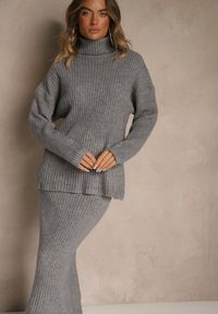 Renee - Szary Komplet z Dzianiny z Wełną w Prążki Golf i Ołówkowa Spódnica Falirea. Kolor: szary. Materiał: wełna, dzianina. Wzór: prążki