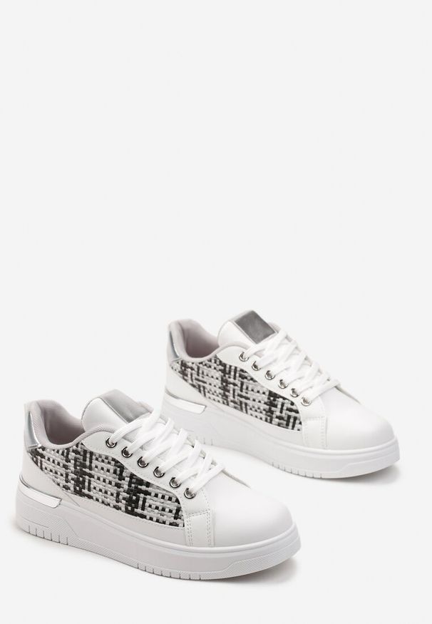 Born2be - Biało-Szare Sneakersy z Tweedową Wstawką Ecafa. Wysokość cholewki: przed kostkę. Kolor: biały. Szerokość cholewki: normalna. Obcas: na płaskiej podeszwie