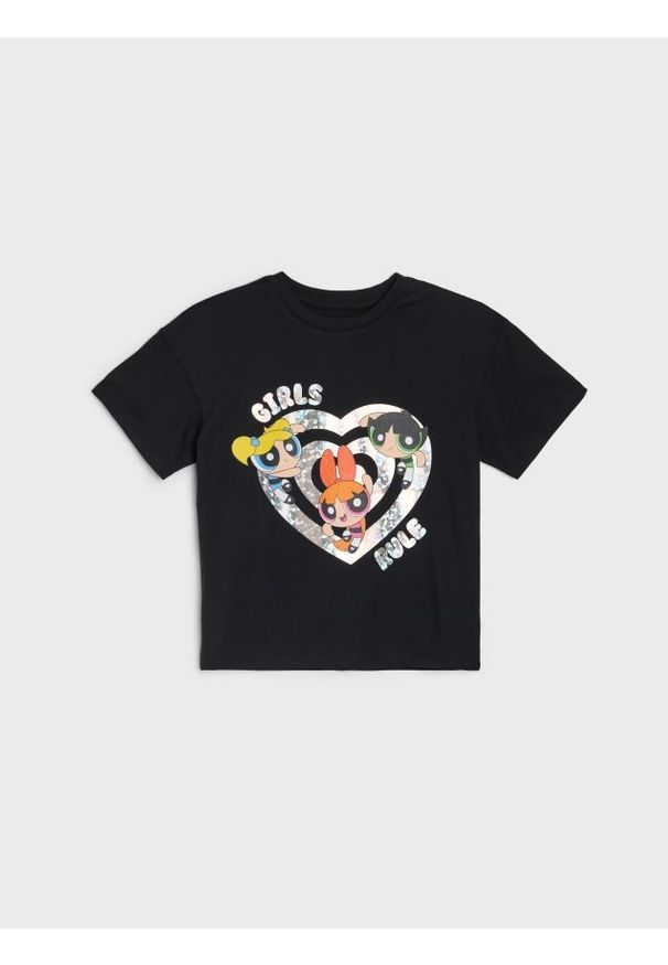 Sinsay - Bawełniana koszulka z nadrukiem Powerpuff Girls - czarny. Kolor: czarny. Materiał: bawełna. Wzór: nadruk