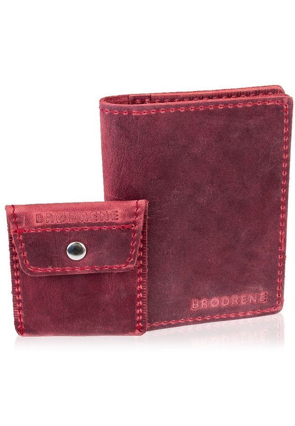 Skórzany zestaw portfel i bilonówka BRODRENE SW07 + CW02 czerwony. Kolor: czerwony. Materiał: skóra