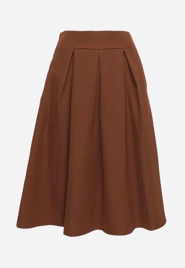 Born2be - Jasnobrązowa Rozkloszowana Spódnica Midi z Gumką w Pasie Glorina. Okazja: na co dzień. Kolor: brązowy. Styl: elegancki, casual