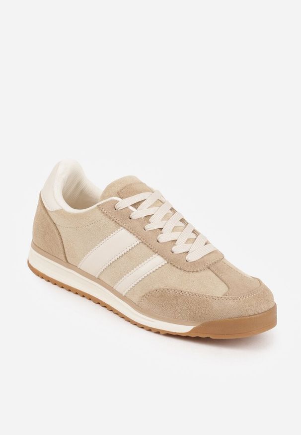 Renee - Beżowe Sneakersy Ozdobione z Boku Paskami Ariene. Okazja: na co dzień. Zapięcie: pasek. Kolor: beżowy. Materiał: jeans, materiał. Wzór: aplikacja. Sezon: wiosna