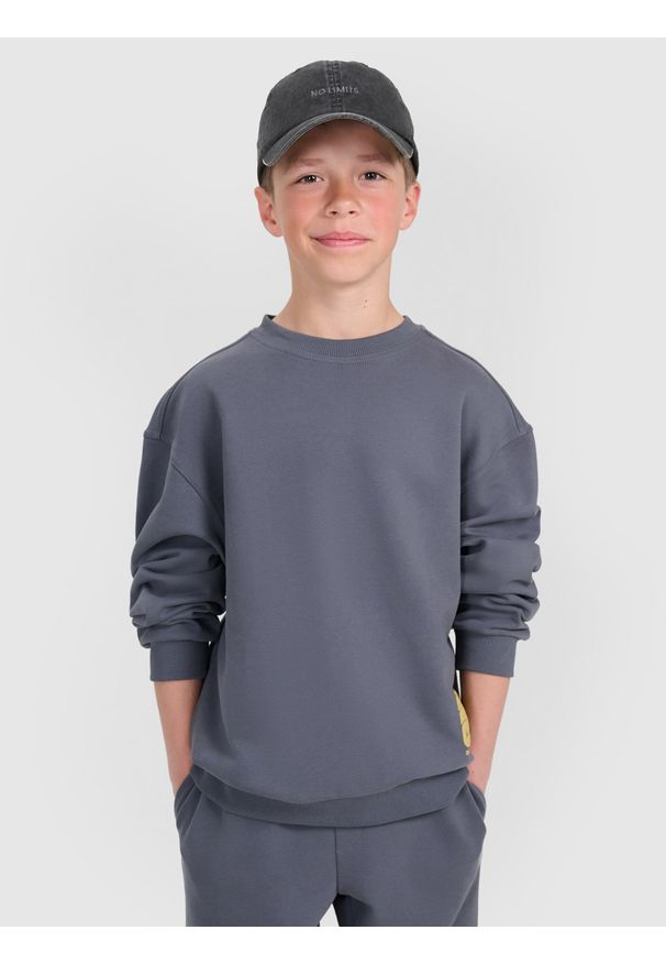 4f - 4F Bluza dresowa oversize nierozpinana bez kaptura chłopięca - szara 146 (10-11 lat). Okazja: na co dzień. Typ kołnierza: bez kaptura. Kolor: szary. Materiał: dresówka. Wzór: ze splotem, nadruk, napisy, gładki. Sezon: lato. Styl: młodzieżowy, klasyczny, sportowy, casual