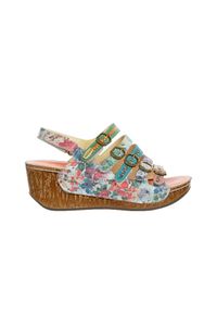 Sandały Laura Vita Dino 0523 Poudre 202046, Wielokolorowy - 38. Zapięcie: rzepy. Kolor: wielokolorowy. Materiał: skóra. Wzór: kwiaty. Obcas: na koturnie. Styl: elegancki. Wysokość obcasa: średni #1
