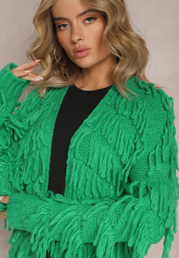 Renee - Zielony Niezapinany Kardigan w Ozdobne Frędzle Massawa. Kolor: zielony. Styl: elegancki