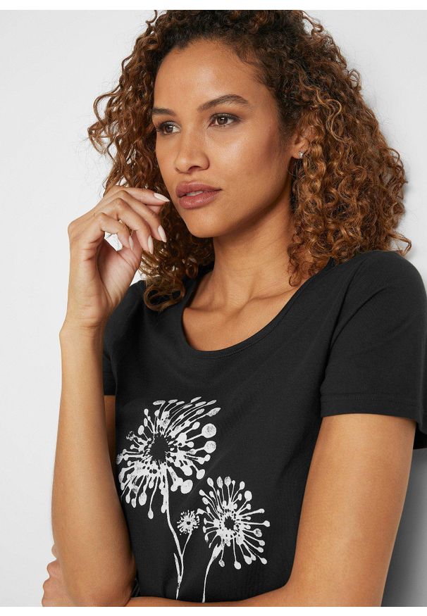 bonprix - T-shirt. Kolor: czarny. Wzór: kwiaty, nadruk