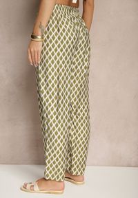 Renee - Zielone Spodnie o Szerokim Kroju High Waist w Romby Sarriza. Okazja: na co dzień. Stan: podwyższony. Kolor: zielony. Wzór: aplikacja. Styl: casual #4