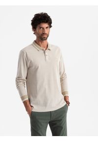 Ombre Clothing - Melanżowy męski polo longsleeve z haftem – piaskowy melanż V4. Okazja: na co dzień. Typ kołnierza: polo. Materiał: bawełna, dzianina. Długość rękawa: długi rękaw. Długość: długie. Wzór: melanż, haft. Styl: klasyczny, sportowy, casual