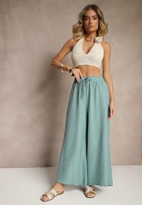 Renee - Miętowe Szerokie Spodnie High Waist Ozdobione Wiązaniem Telonia. Okazja: na co dzień. Stan: podwyższony. Kolor: zielony. Wzór: aplikacja. Styl: elegancki, casual #4